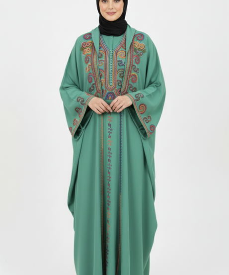 Şeyha  abaya takımı mint rengi, işlemeli, resmi yazlık