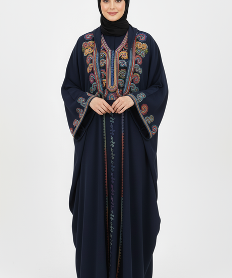 Şeyha abaya takımı lacivert, işlemeli, resmi yazlık abaya takımı