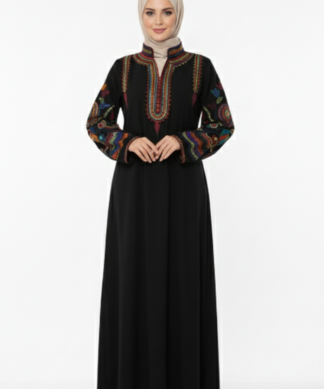 Ürdün – Göğüs ve kollarda işlemeli Asya abaya (siyah)