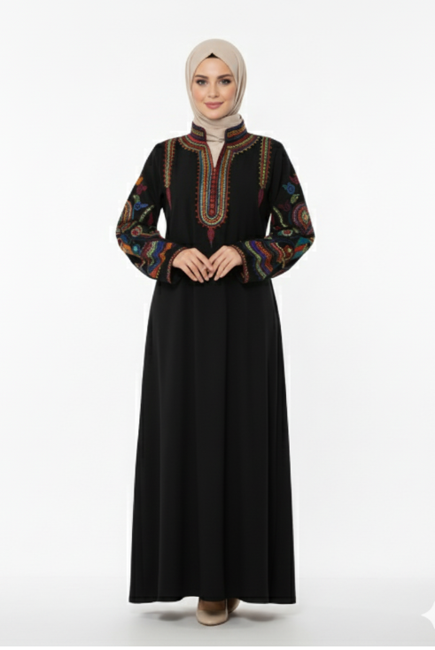 Ürdün – Göğüs ve kollarda işlemeli Asya abaya (siyah)