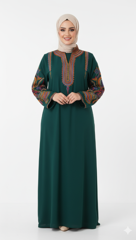 Ürdün – Göğüs ve kollarda işlemeli Asya abaya (zümrüt)